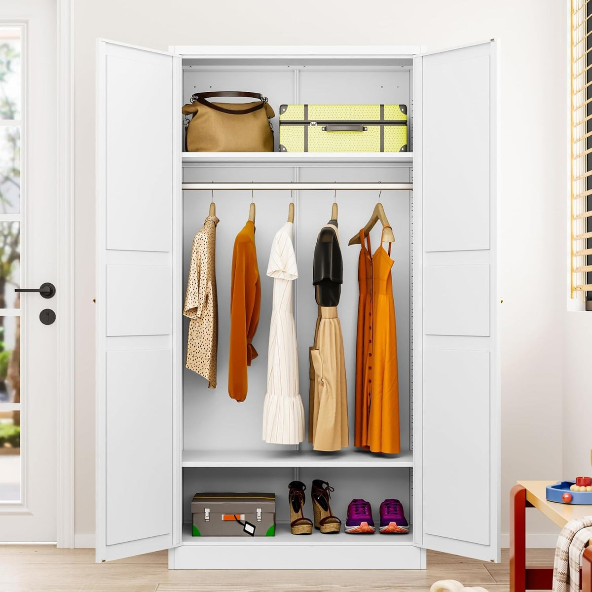 Metal Wardrobe Cabinet with Hanging Rod,White Armoire Wardrobe Closet,Metal Clothing Storage