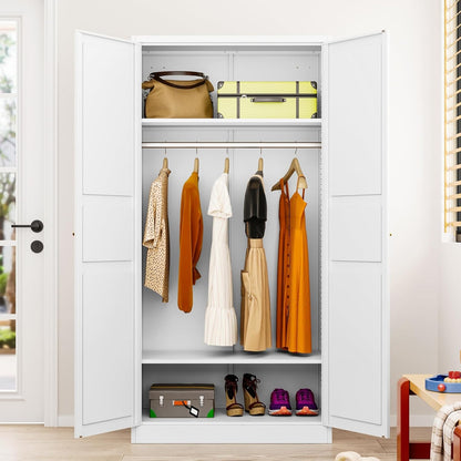 Metal Wardrobe Cabinet with Hanging Rod,White Armoire Wardrobe Closet,Metal Clothing Storage