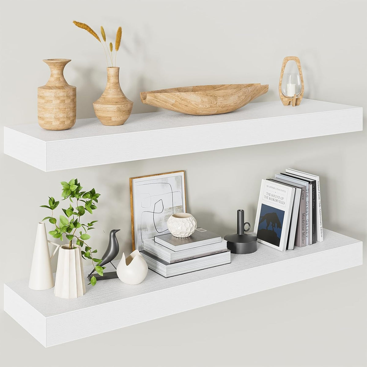 Heimlove 32 Inch Floating Shelves for Wall,White 9.3" Deep Floating Shelf Set of 2,Wall Mounted