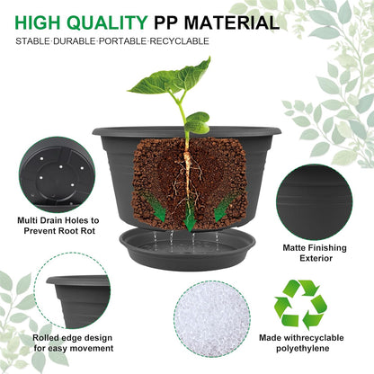 6 Pack 10 inch Plant Pot, Round Plastic Plant Pots, Outdoor Pots for Plants with Drainage Hole &