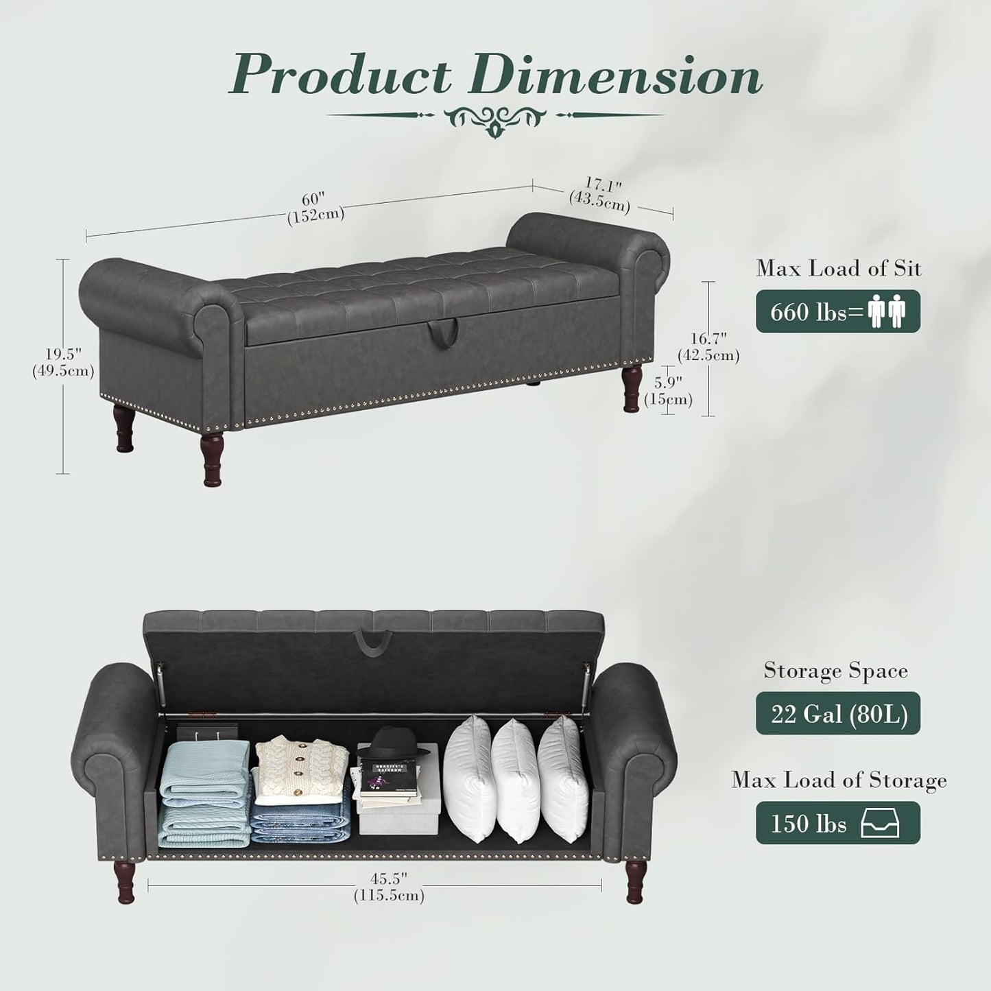 Apicizon 60”Bench with Storage, Upholstered Tufted Button Window Bench with Plenty Hidden Storage