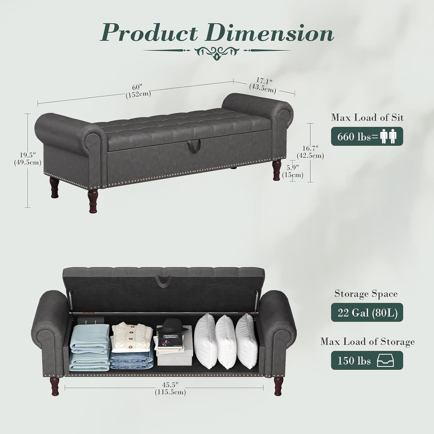 Apicizon 60”Bench with Storage, Upholstered Tufted Button Window Bench with Plenty Hidden Storage