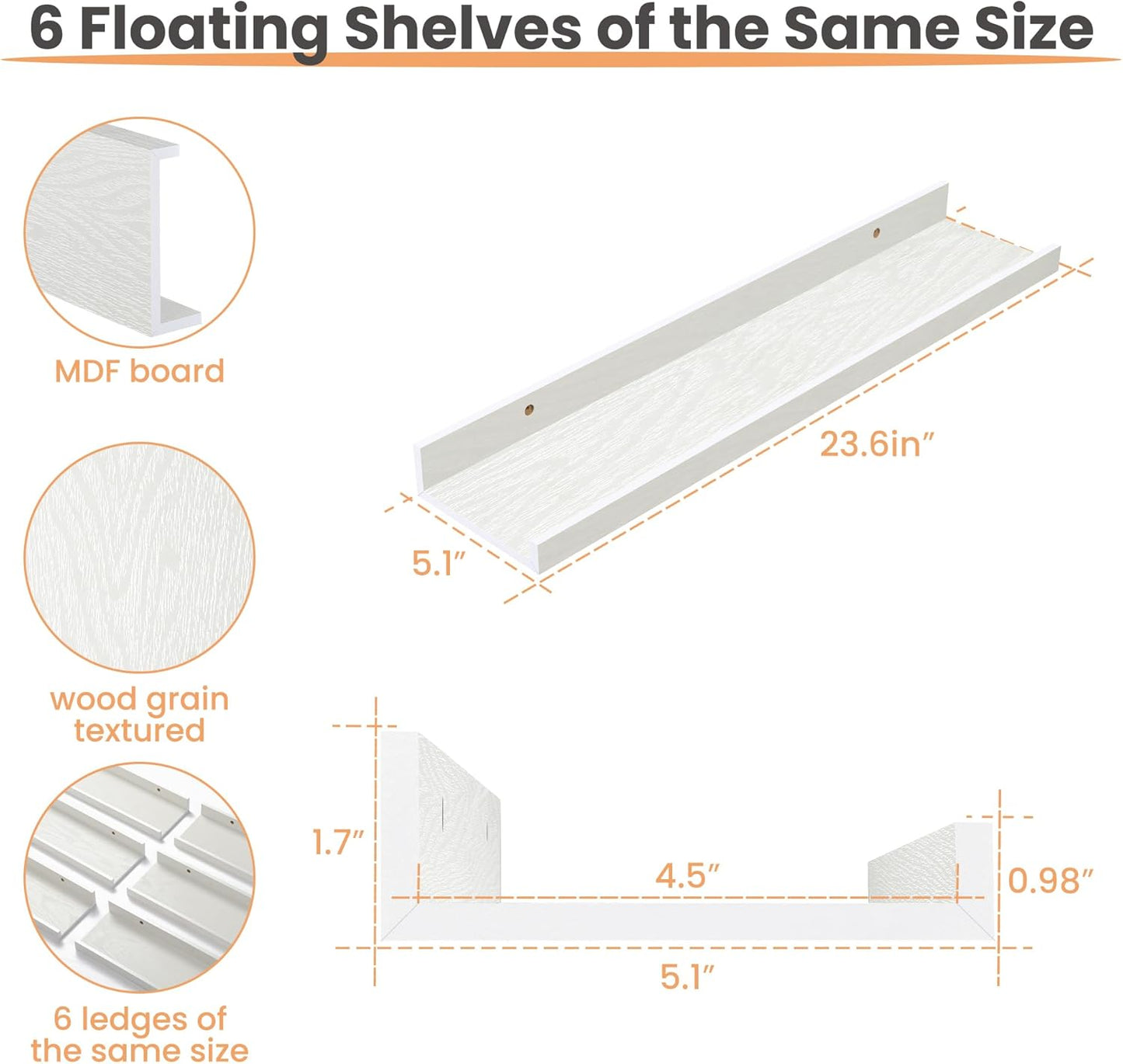 upsimples Floating Shelves for Wall, Wall Shelves for Decor Storage Set of 6, Wall Mounted Wood