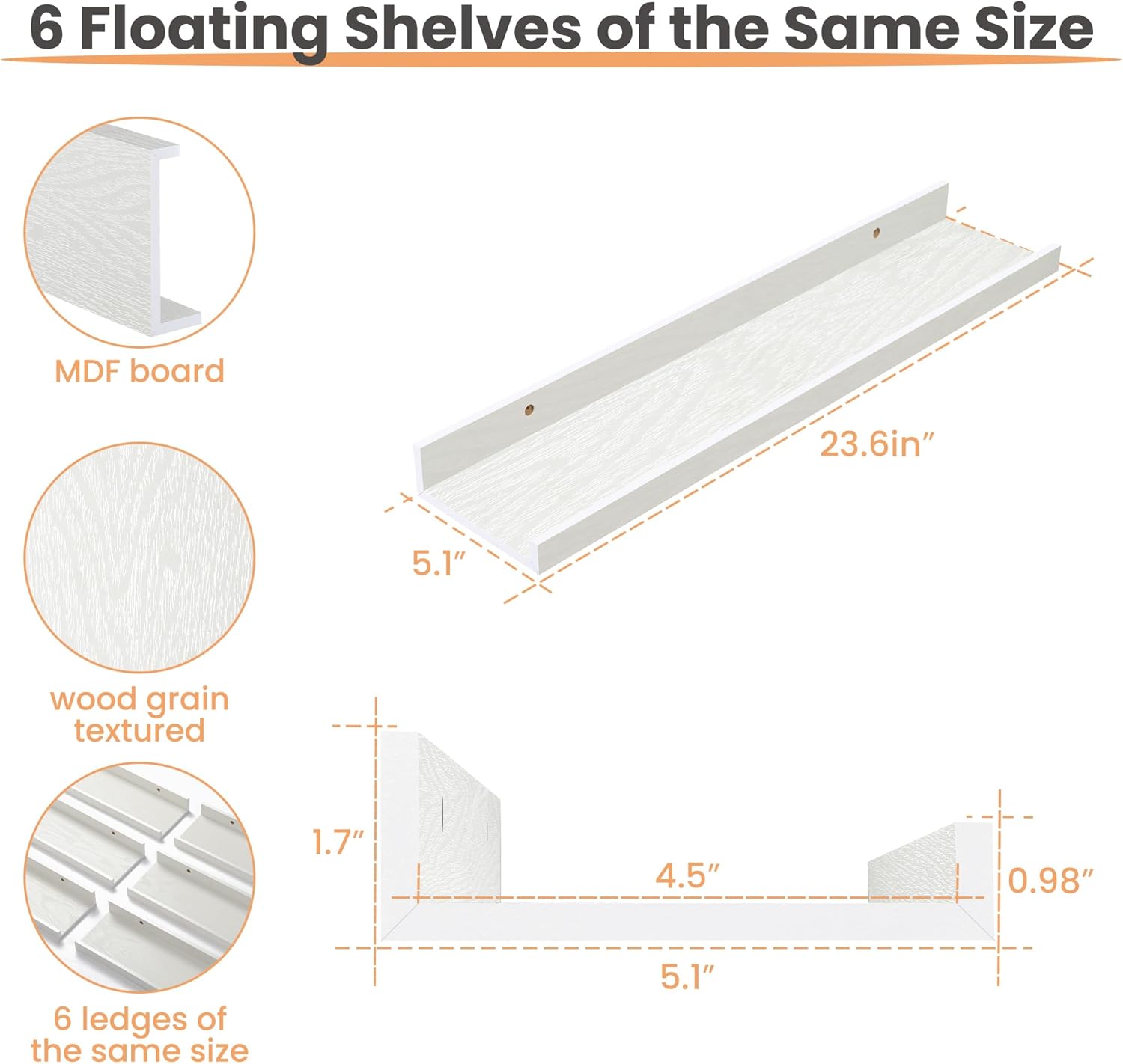 upsimples Floating Shelves for Wall, Wall Shelves for Decor Storage Set of 6, Wall Mounted Wood