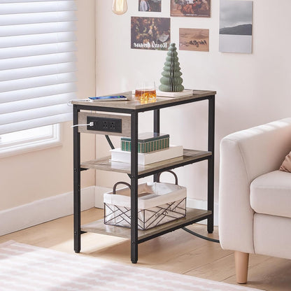 HOOBRO End Table with Charging Station, Simple Rustic Side Table with 3-Tier Storage Shelf, Narrow