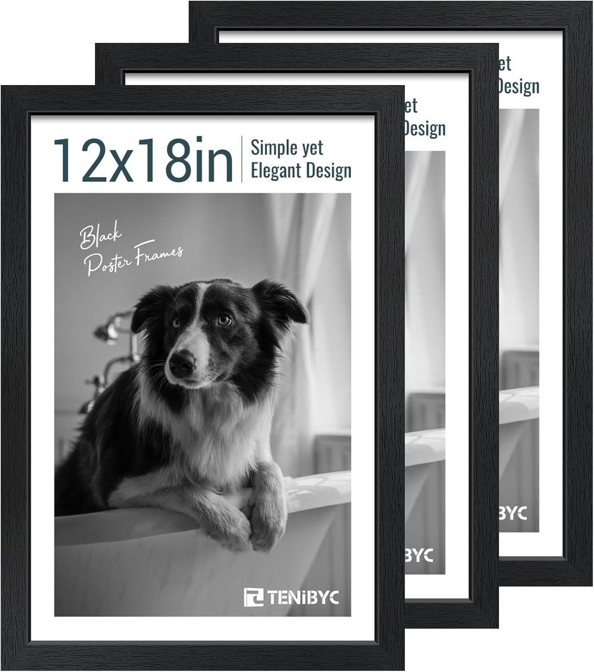 12x18 Poster Frame Set - 3 Pack, Textured Black Solid Wood with HD Tempered Glass, Wall Gallery