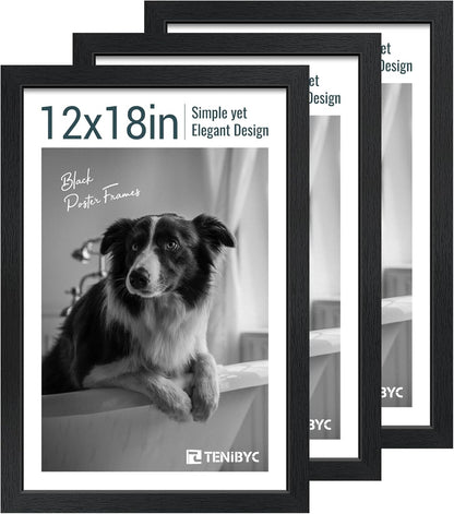 12x18 Poster Frame Set - 3 Pack, Textured Black Solid Wood with HD Tempered Glass, Wall Gallery