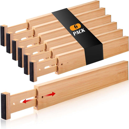 Fabsome Drawer Divider 6 Pack, Bamboo Kitchen Dividers Organizers Adjustable 17''-22'', Wooden