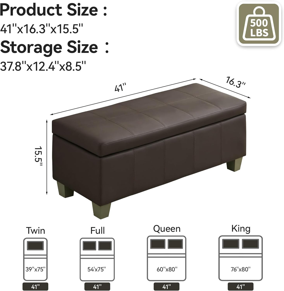 41" Faux Leather Storage Ottoman, Stitch Tufted Rectangle Upholstered End of Bed Storage Bench