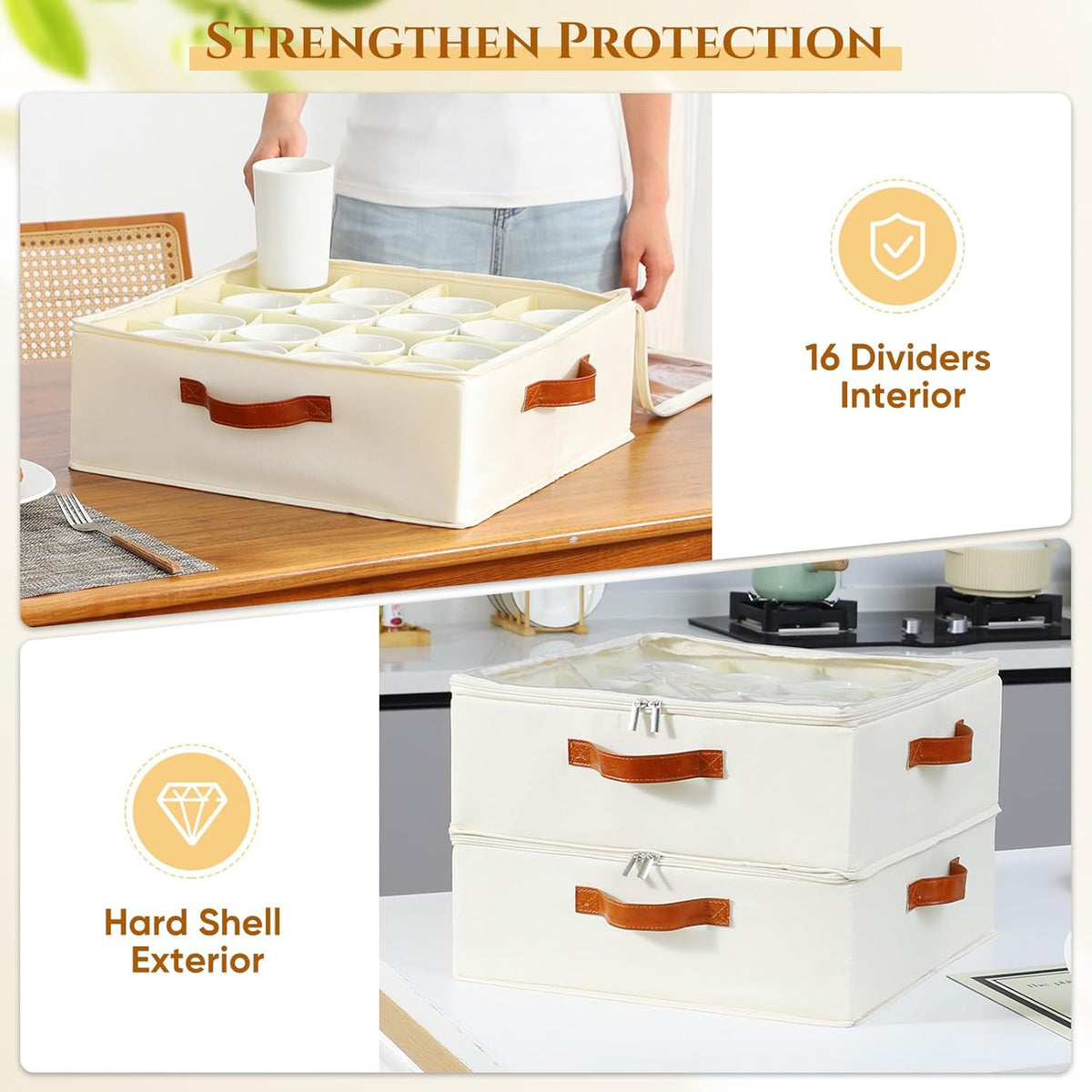 2 Pack Cup and Mug Storage Box with Dividers and Hard Shell, Stackable Coffee Cup Storage Organizer