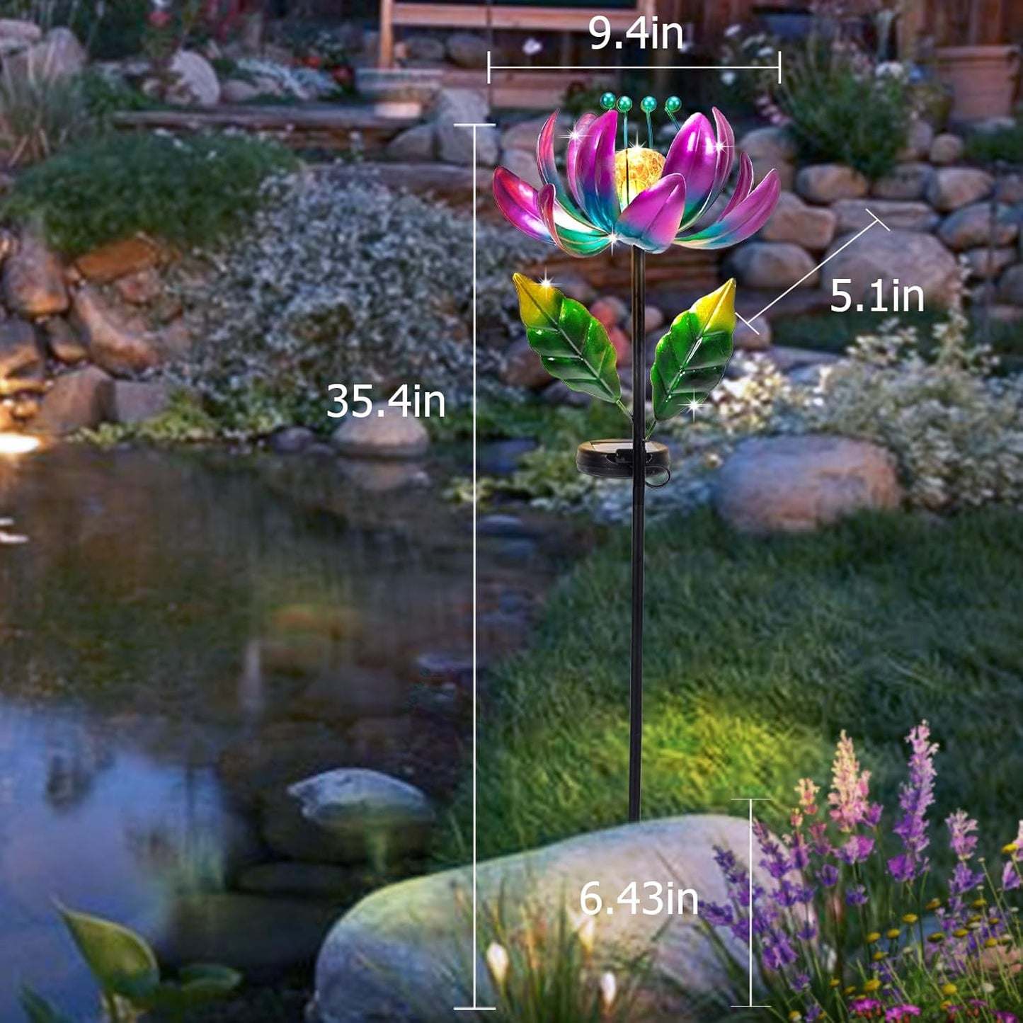 Solar Purple Metal Flower Wind Spinners, Colorful Spinning Windmill Lotus Yard Art Lights Wind