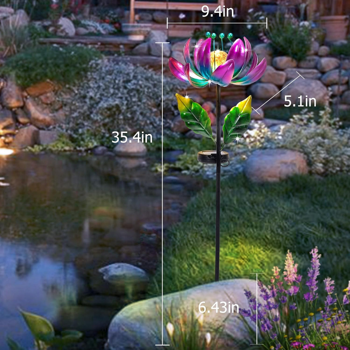 Solar Purple Metal Flower Wind Spinners, Colorful Spinning Windmill Lotus Yard Art Lights Wind