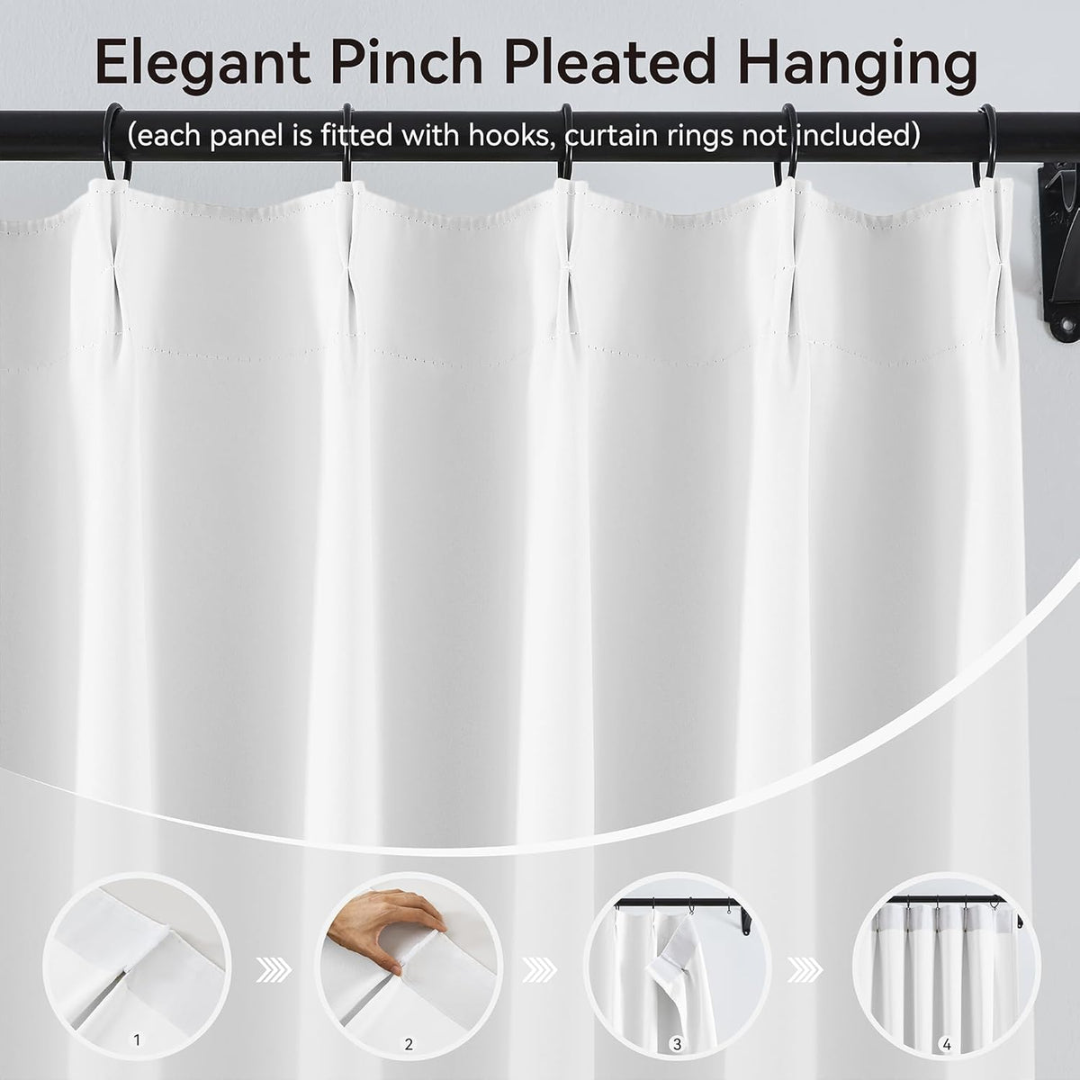 KangBang Pure White Light Reducing Curtains 120 Inches Long, Extra Long Pinch Pleated Thermal
