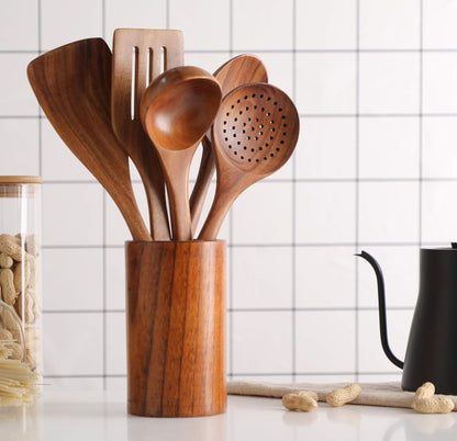 Wooden Spoons for Cooking, Cooking Utensils Set of 6 Natural Teak Wooden Cooking Spatulas with