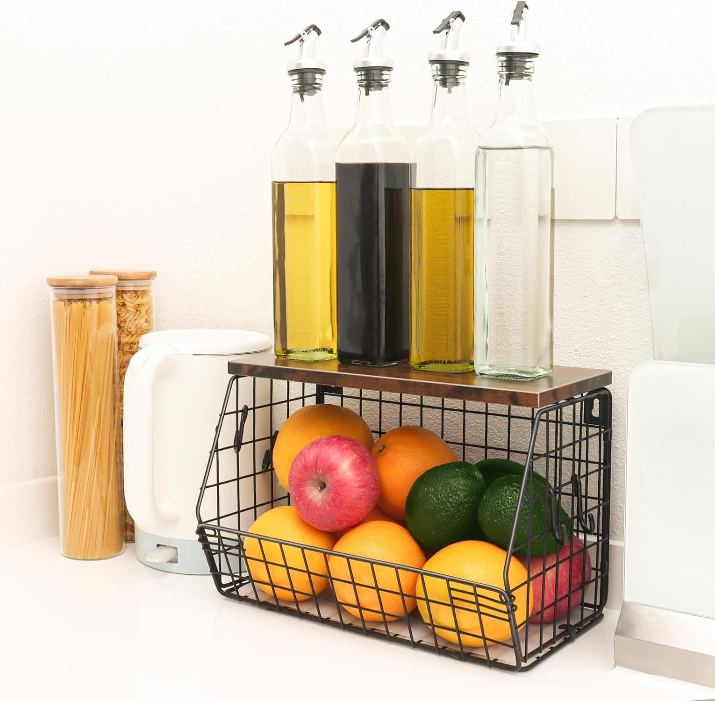 Fruit Bowl, Stackable Wall Mounted Fruit Basket of Smooth Wood Lid with 4 Banana Hanger Hooks
