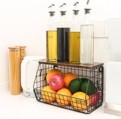Fruit Bowl, Stackable Wall Mounted Fruit Basket of Smooth Wood Lid with 4 Banana Hanger Hooks