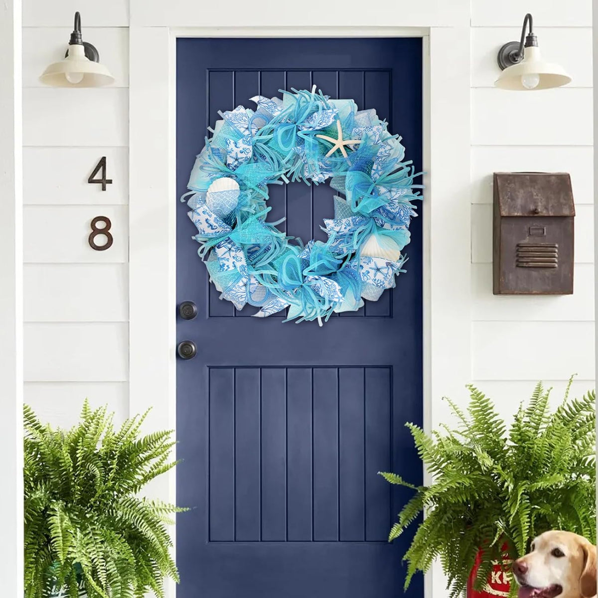 24 Inch Coastal Seashell Large Wreath with Natural Starfish & Scallops Shell, Blue Beach Style