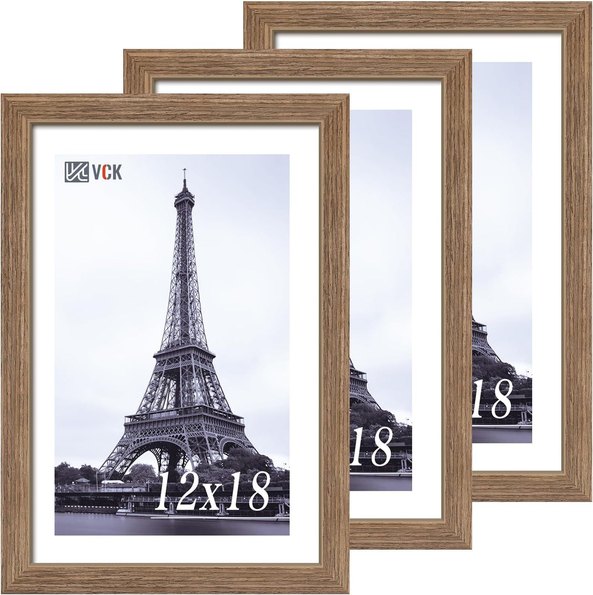 VCK 12x18 Frame 3 Pack - Brown Walnut, Natural Textured Solid Wood Poster Picture Frame, Wall