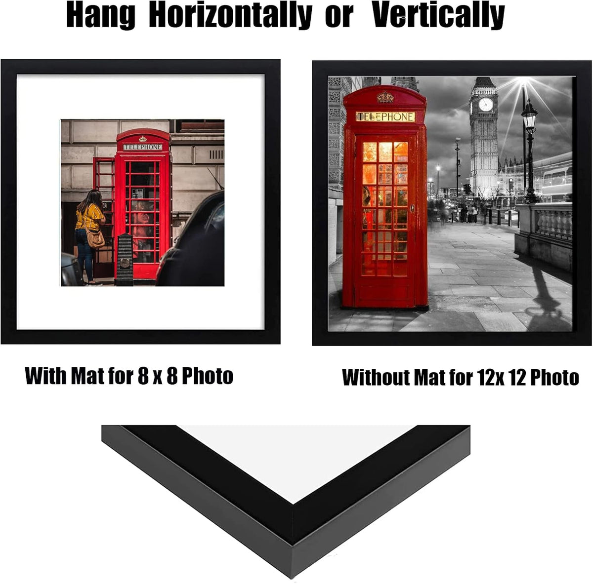 12x12 Picture Frame Set of 6, Display Pictures 8x8 with Mat or 12x12 Without Mat for Wall