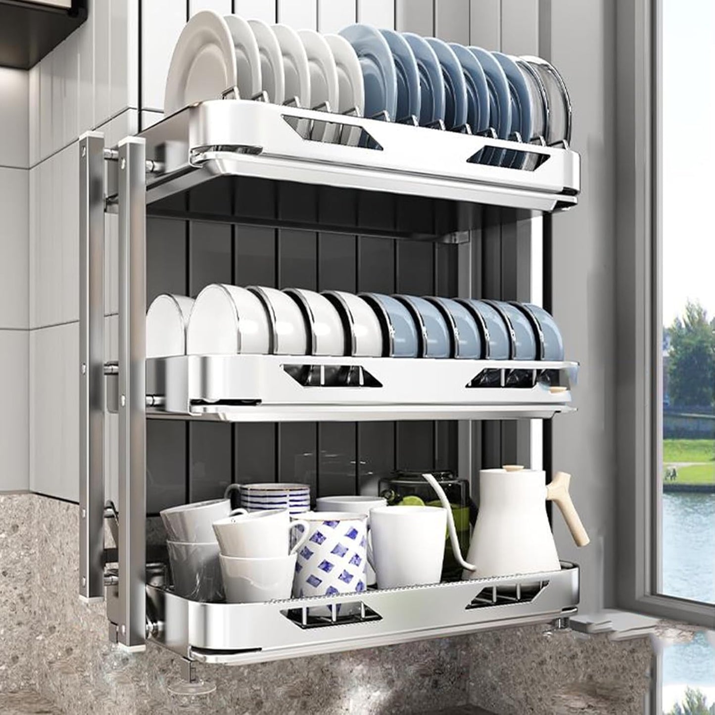 Dish Drying Rack with Drain Board - Rustproof Stainless Steel Dish Rack with Utensil Holder,Dish