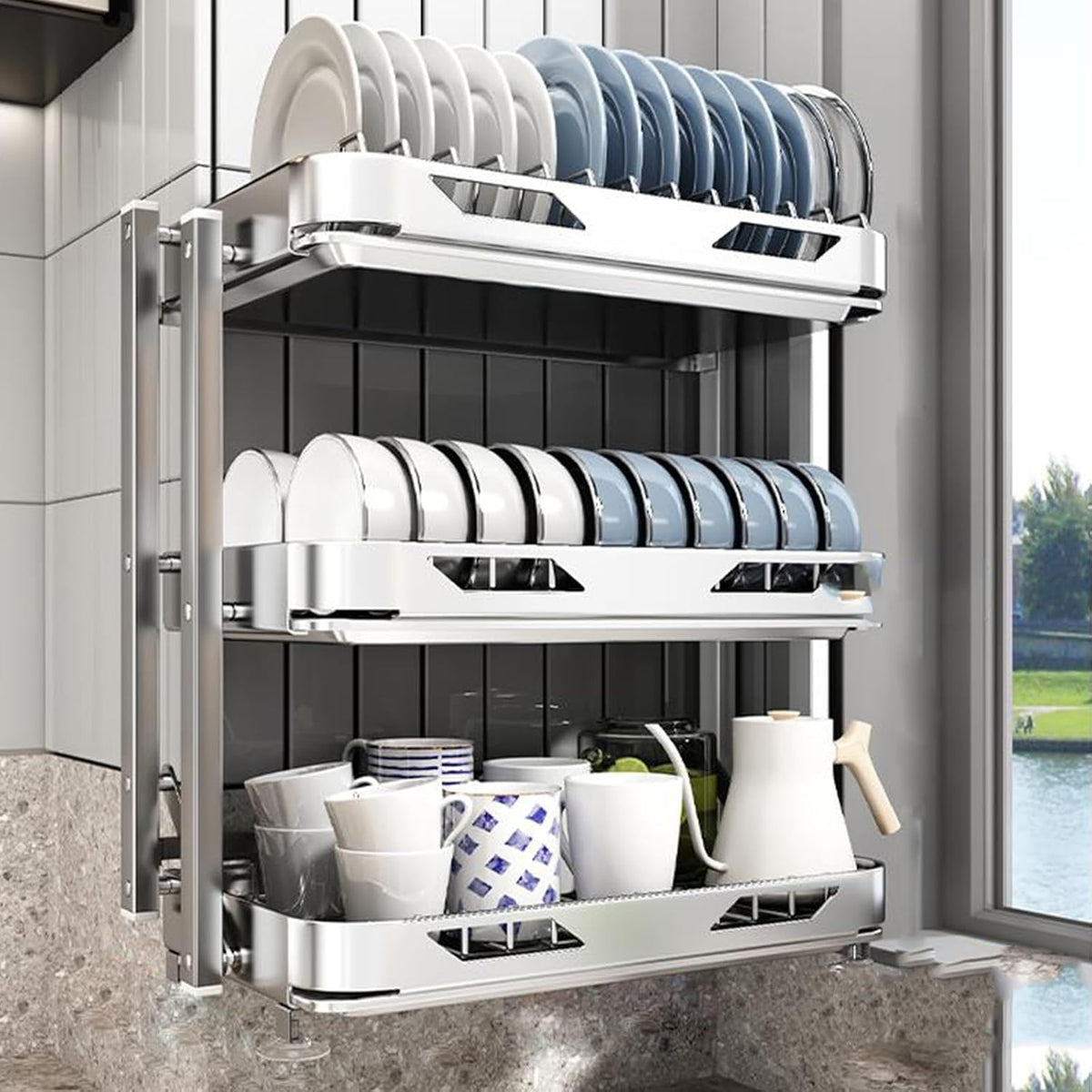Dish Drying Rack with Drain Board - Rustproof Stainless Steel Dish Rack with Utensil Holder,Dish