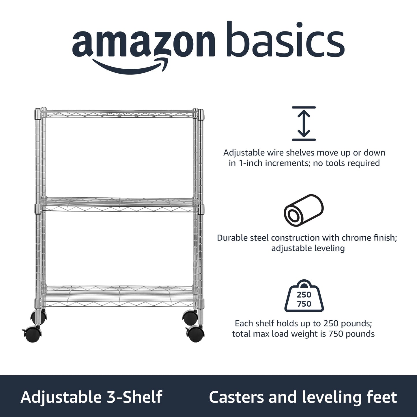 Amazon Basics 3-Shelf Heavy Duty Adjustable Wire Shelving Storage Rack on 2" PP Plastic Wheel