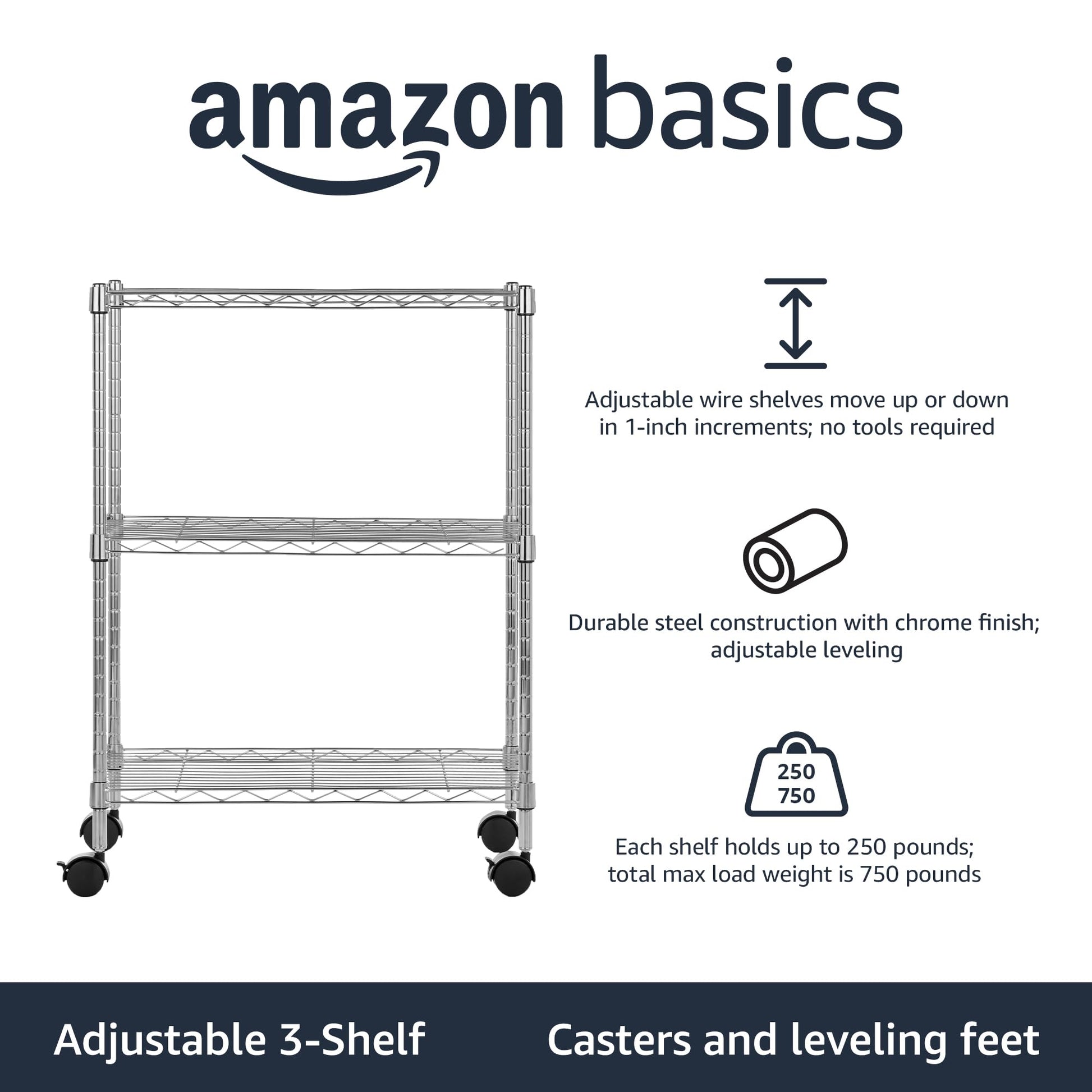 Amazon Basics 3-Shelf Heavy Duty Adjustable Wire Shelving Storage Rack on 2" PP Plastic Wheel