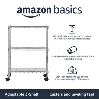 Amazon Basics 3-Shelf Heavy Duty Adjustable Wire Shelving Storage Rack on 2" PP Plastic Wheel