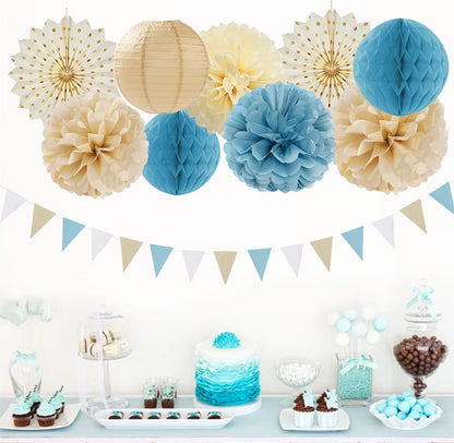 Light-Dusty Blue Beige-Champagne Boho Party-Decorations - 14Pcs Baby Bridal Shower Streamers
