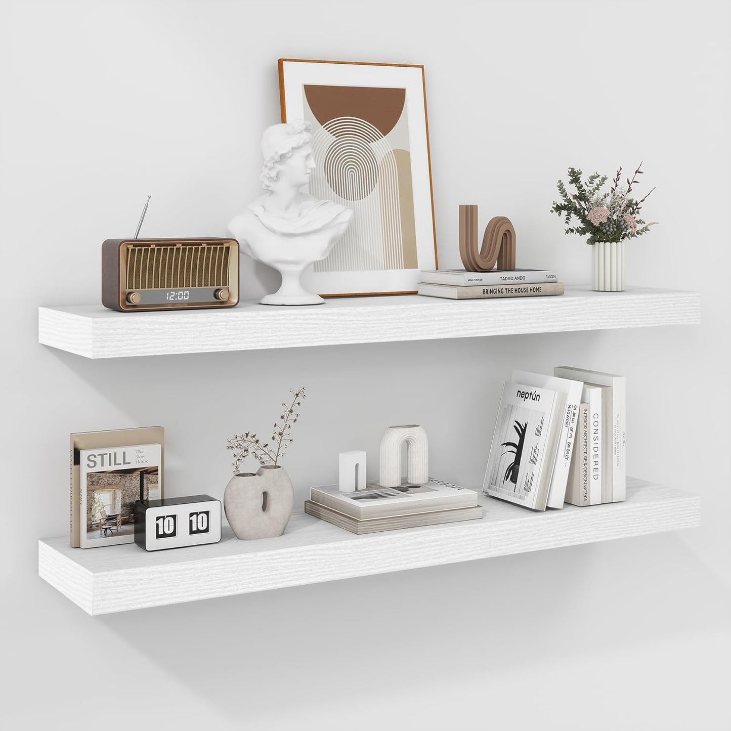 Fun Memories 36 Inch Floating Shelves - Deep Rustic White Wooden Wall Shelves - Extra Deeper &