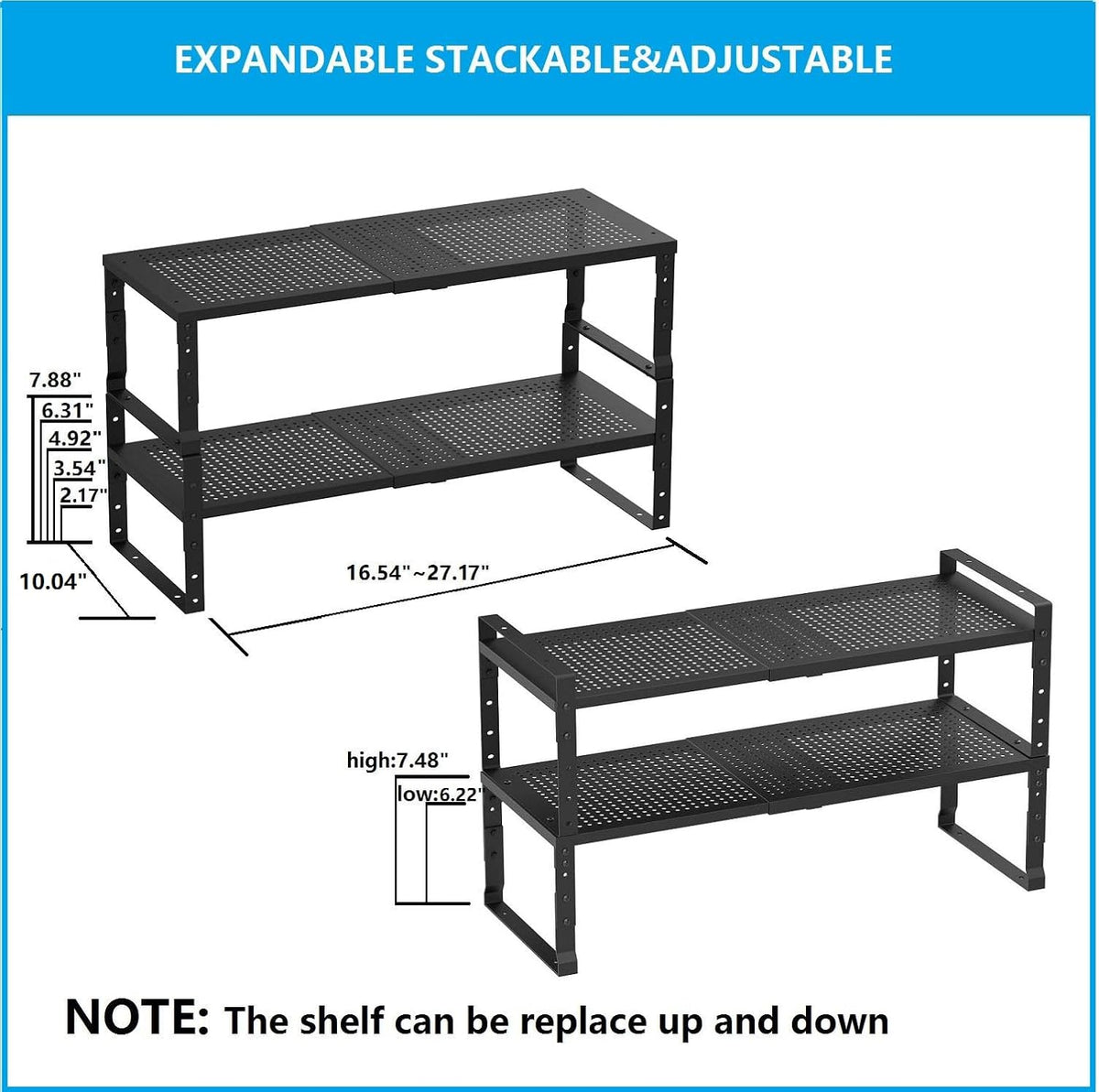 Expandable,Adjustable & Stackable Spice Rack, Cabinet Kitchen Countertop Shelf Organizer,Metal