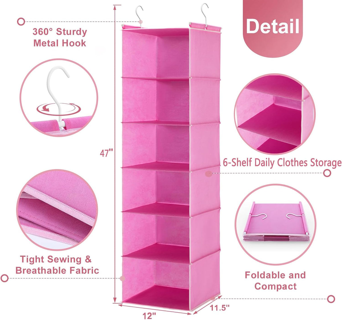 MAX Houser 6-Shelf Hanging Closet Organizer, Hanging Storage Shelves with 2 Sturdy Hooks