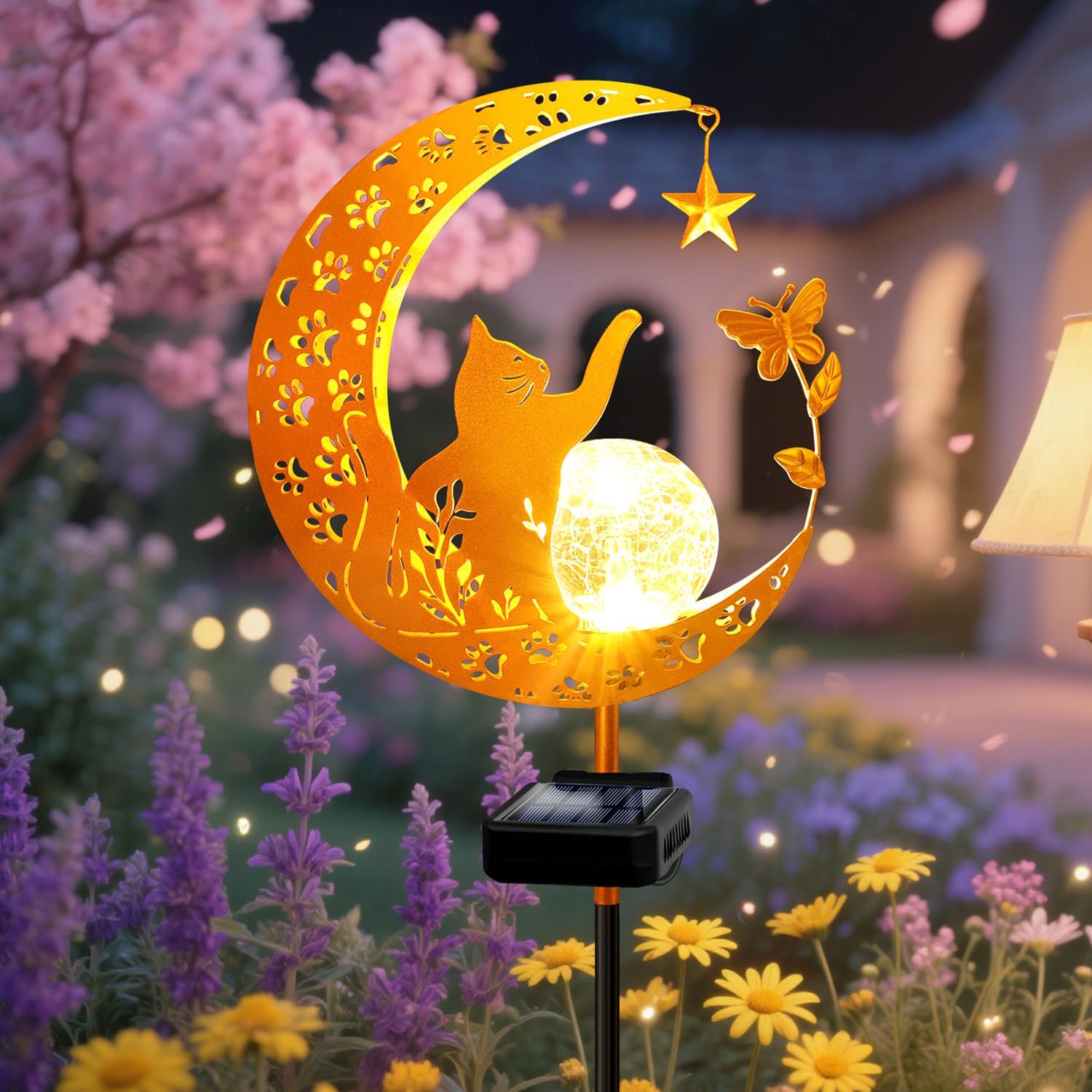 YJFWAL Garden Solar Cat Lights Pathway Stake Lights Glass Globe with Moon Cat Decor, Gifts for Mom