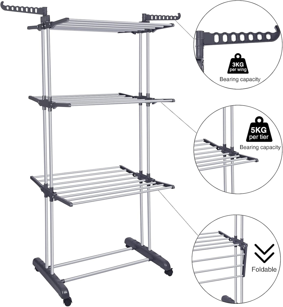 Bigzzia Clothes Drying Rack Folding Drying Rack Clothing 4 Tier Clothes Horses Rack Stainless Steel