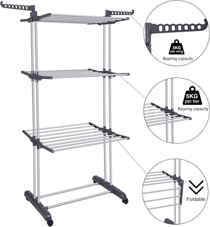 Bigzzia Clothes Drying Rack Folding Drying Rack Clothing 4 Tier Clothes Horses Rack Stainless Steel