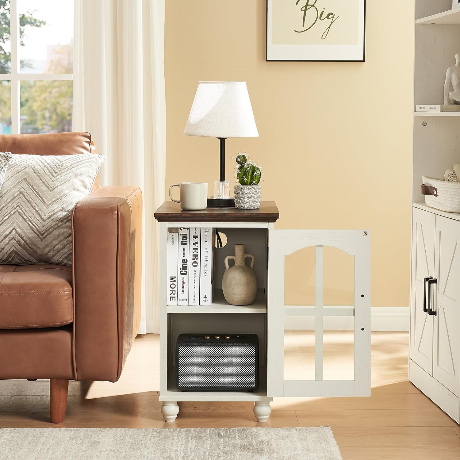 Narrow Side Table Set of 2,White Nightstand with Charging Station,End Table with Glass Barn Door