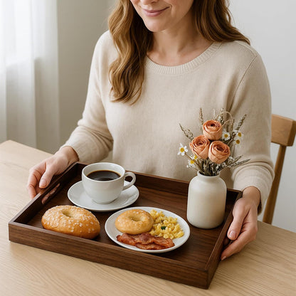 Acacia Wood Serving Tray with Handles, 17 Inch Wooden Tray for Ottoman, Breakfast, Lunch, Dinner