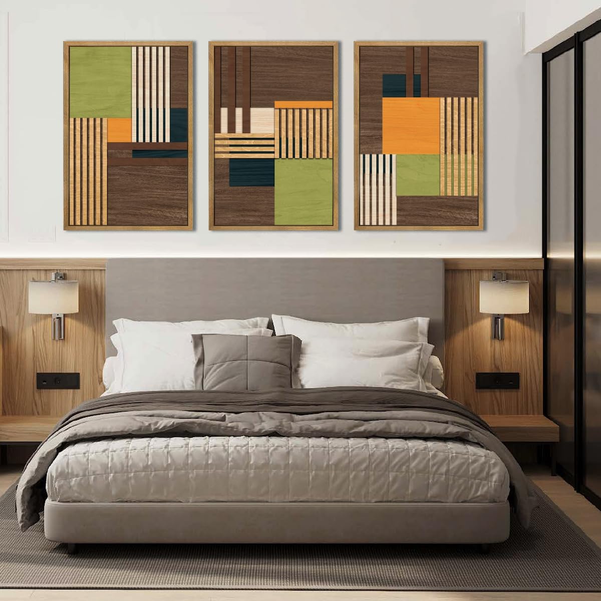 Large Modern Abstract Wall Art Set Minimalist Line Wood Wall Decor Neutral Brown Art Decor Colorful
