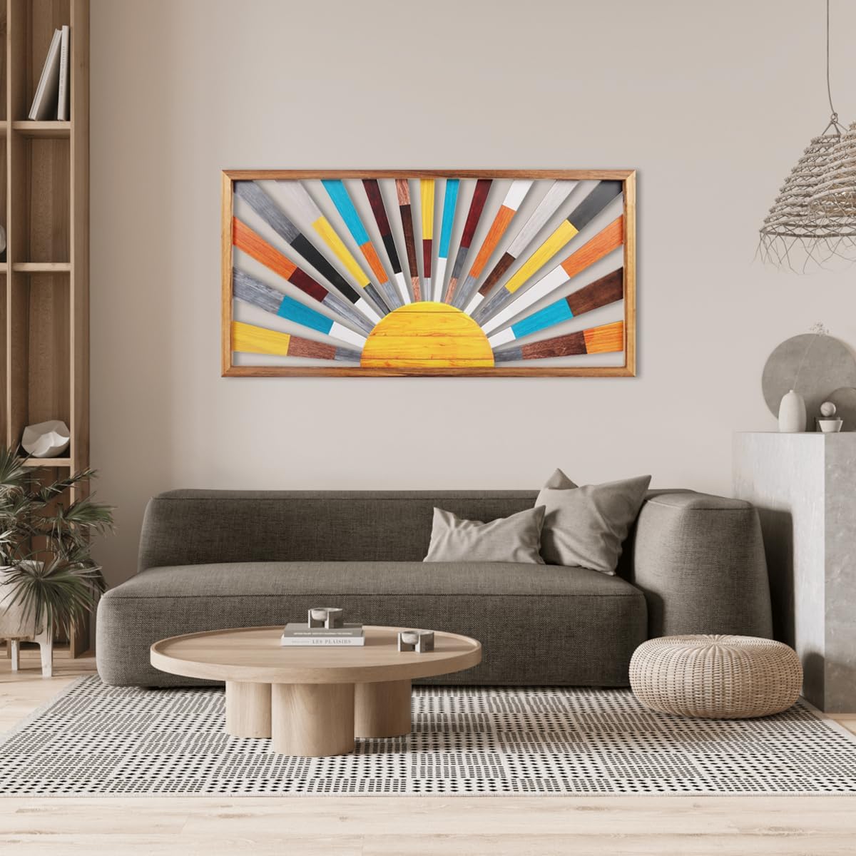 IARTTOP Large Boho Sun Wall Art Framed Wooden Art Wall Decor Rainbow Sun Rising On The Horizon
