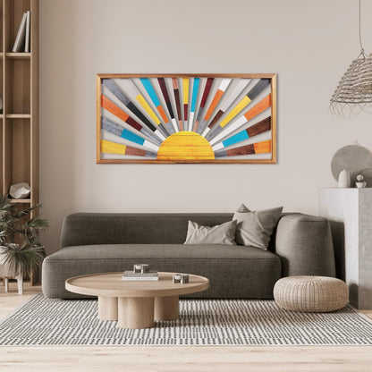 IARTTOP Large Boho Sun Wall Art Framed Wooden Art Wall Decor Rainbow Sun Rising On The Horizon