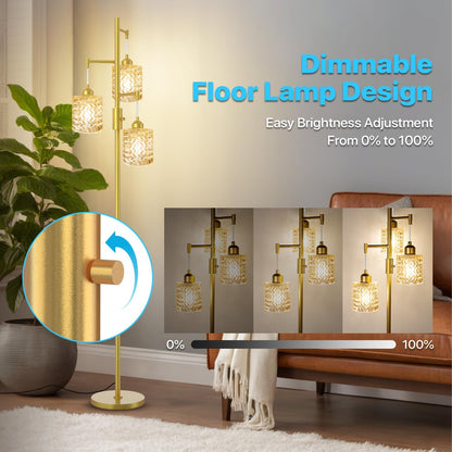 Gold Floor Lamp for Living Room Bedroom, 3-Light Vintage Standing Lamp Stained Glass, Mid Century