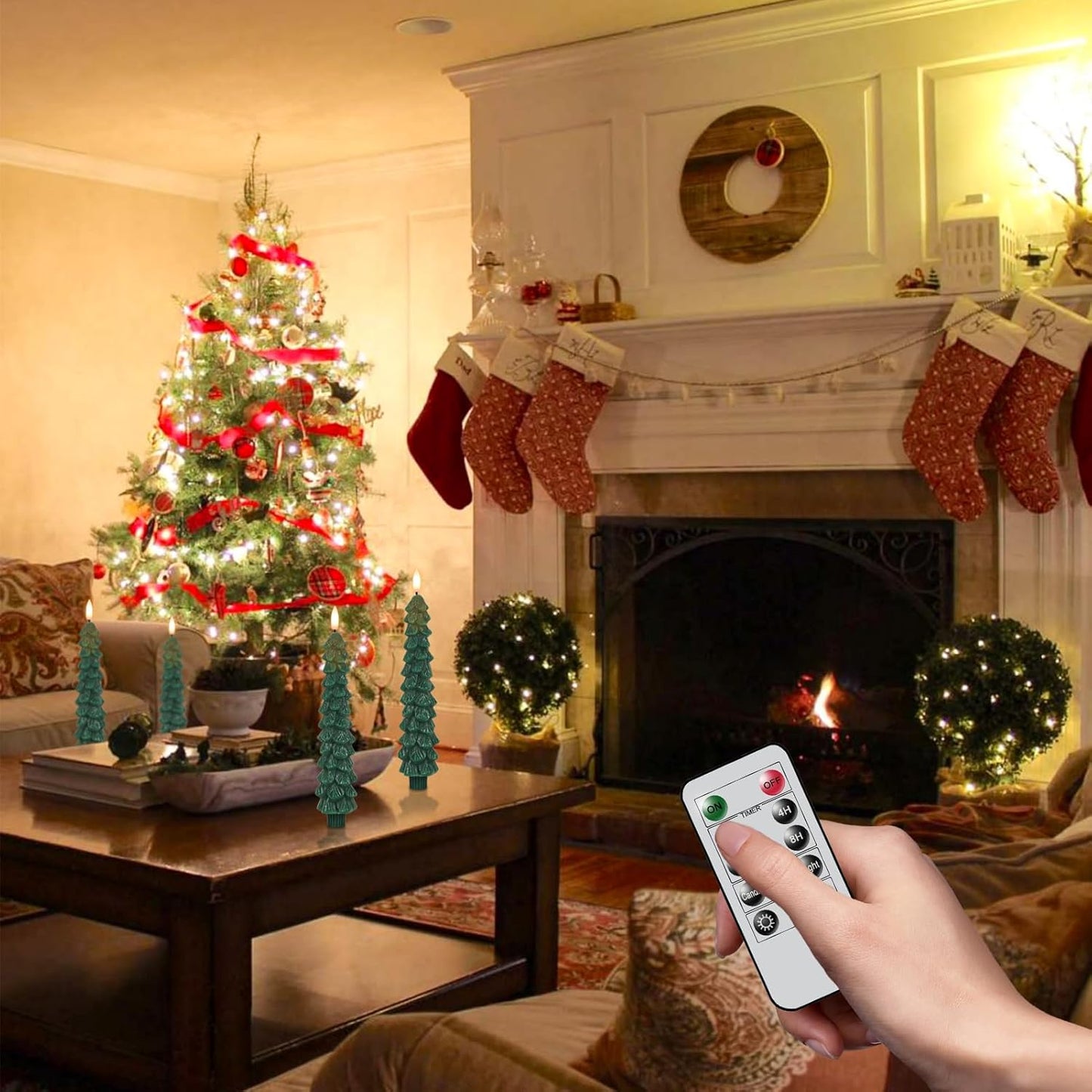 GenSwin Christmas Tree Flameless Taper Candles with Remote Timer, Christmas LED Taper Candles with
