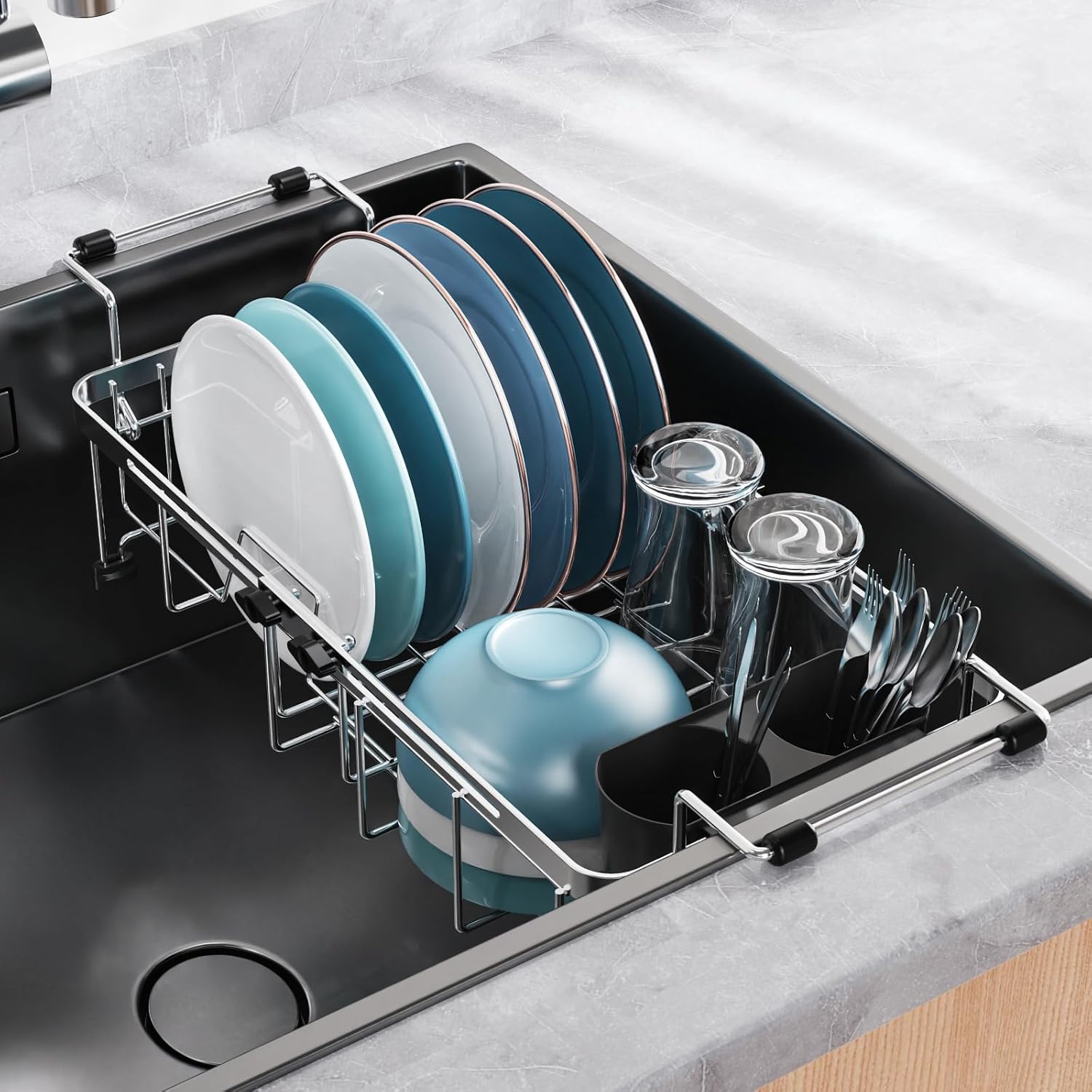 GSlife Expandable in Sink Small Dish Drying Rack - Stainless Steel Capacity Adjustable Over The