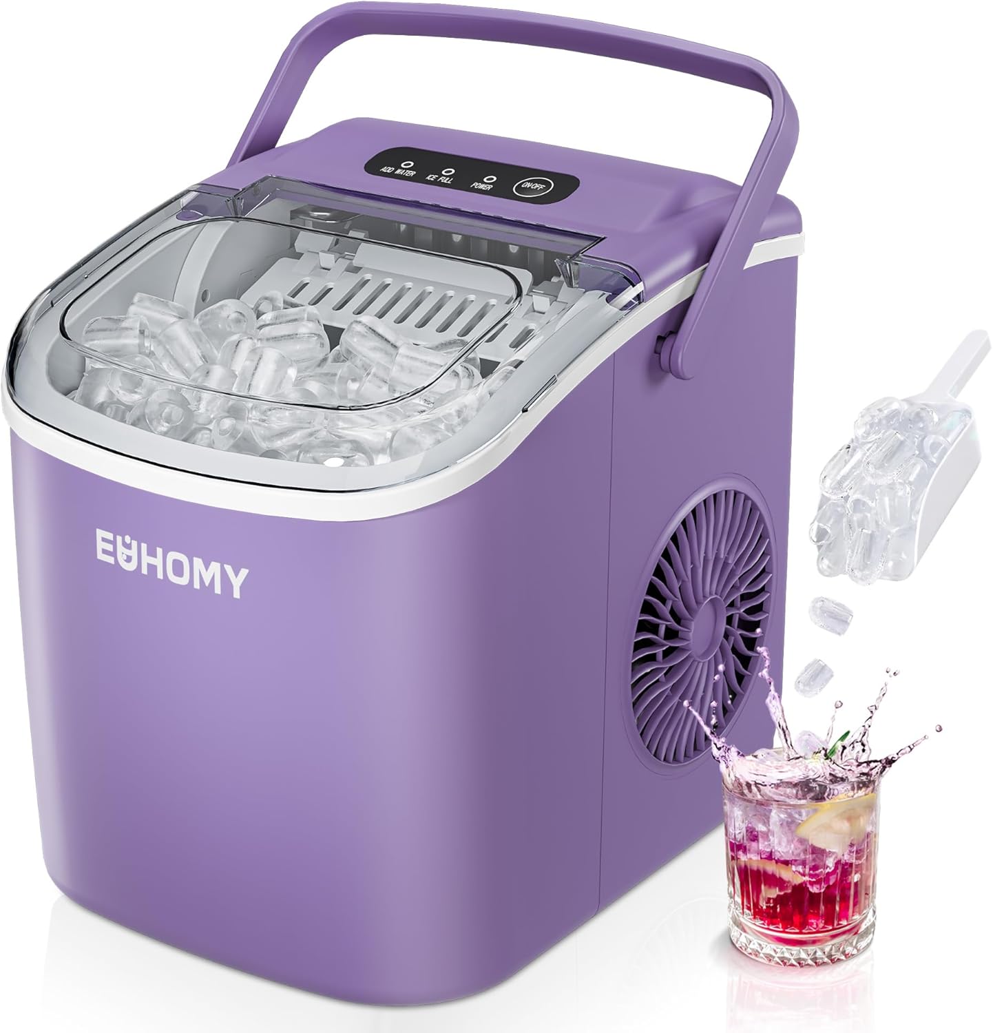 EUHOMY Countertop Ice Maker Machine with Handle, 26lbs Per Day, 9 Ice Cubes Ready in 6 Mins