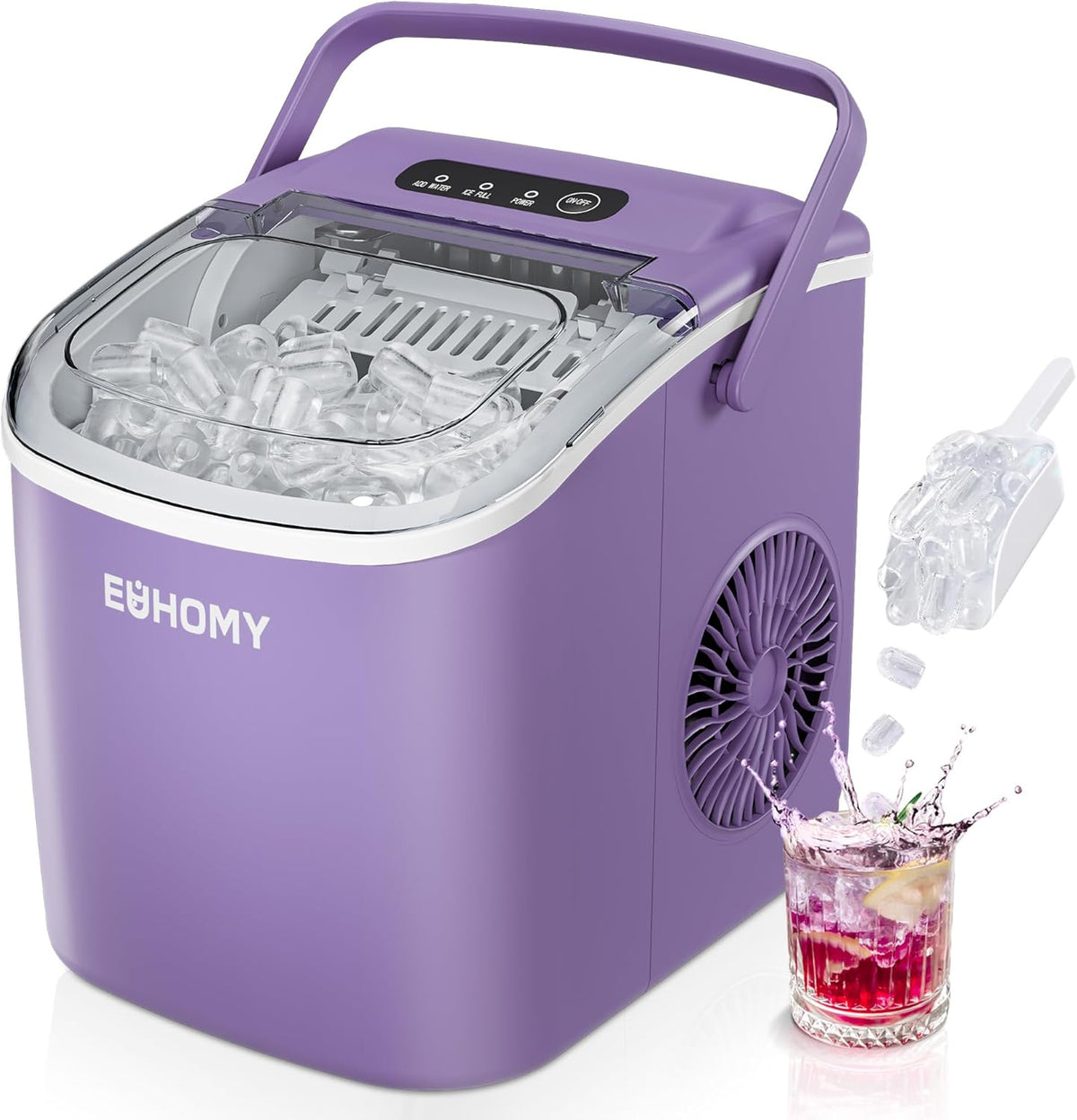EUHOMY Countertop Ice Maker Machine with Handle, 26lbs Per Day, 9 Ice Cubes Ready in 6 Mins
