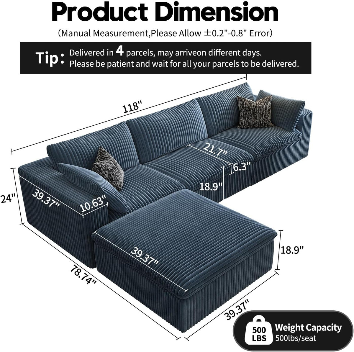 118" Cloud Couch Modular Sectional Sofa for Living Room,Modern Sofa with Deep Seat，L-Shape Boneless