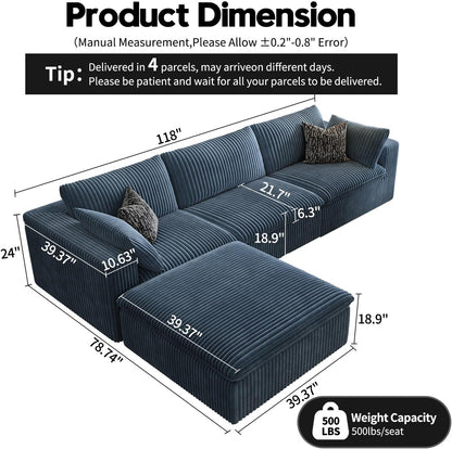 118" Cloud Couch Modular Sectional Sofa for Living Room,Modern Sofa with Deep Seat，L-Shape Boneless
