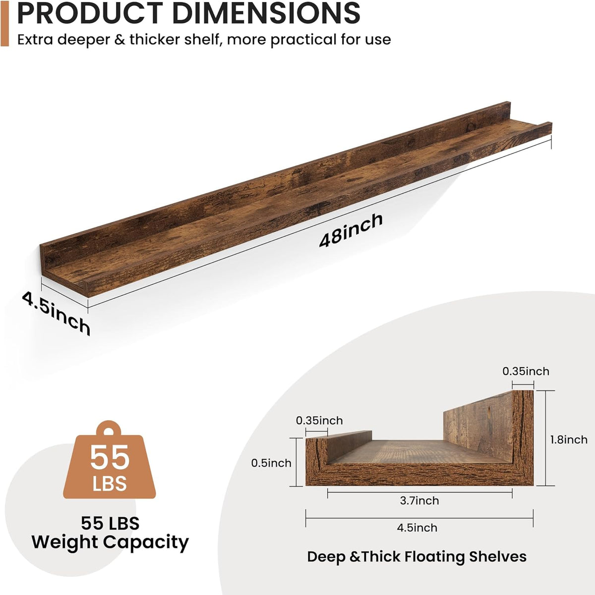 Fun Memories Picture Ledge Shelves Set of 2, 48 Inch Rustic Wall Mounted Floating Shelves with Lip
