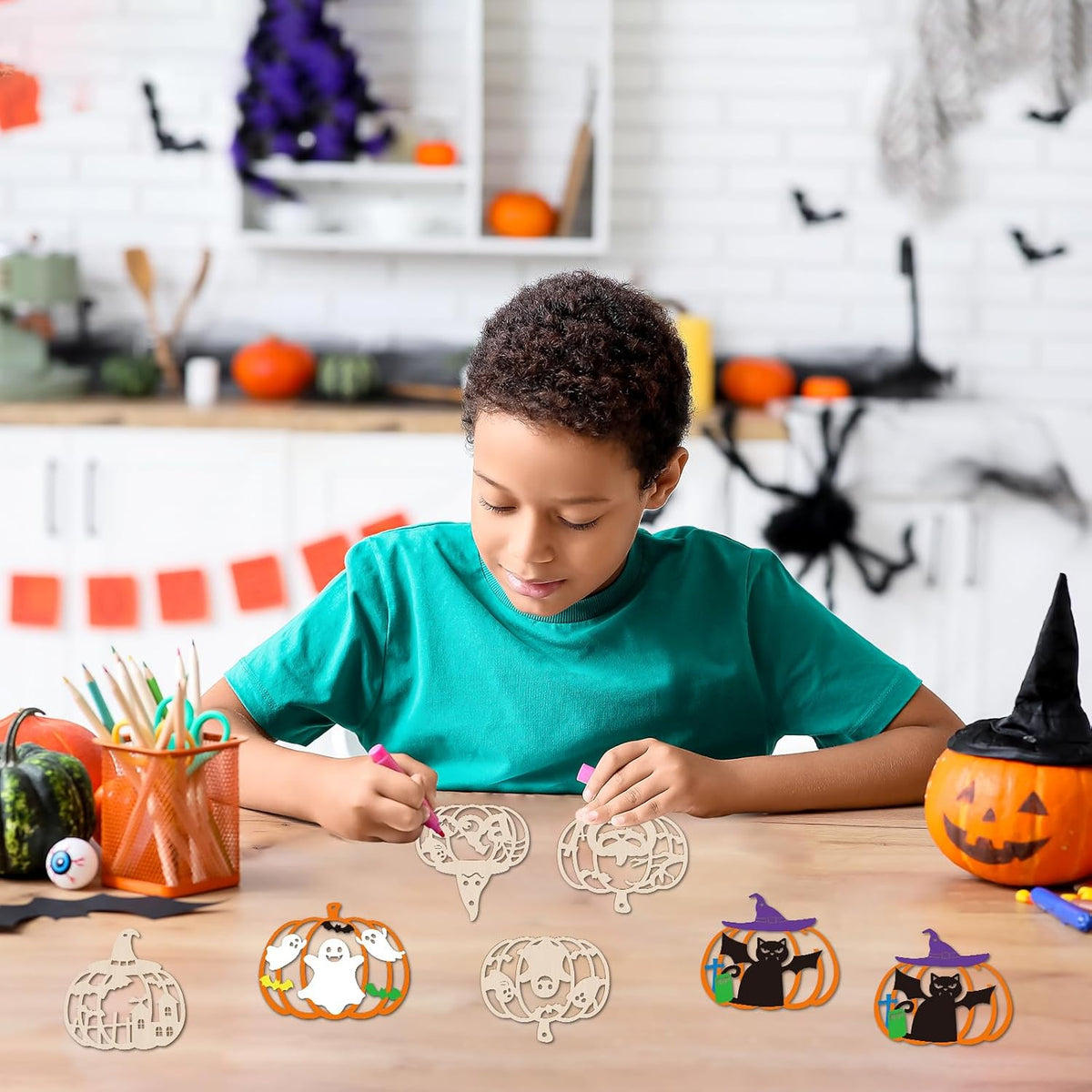 24 PCS Unfinished Wooden Halloween Crafts,Pumpkin Shaped Hanging Ornaments DIY Wood Craft Cutouts