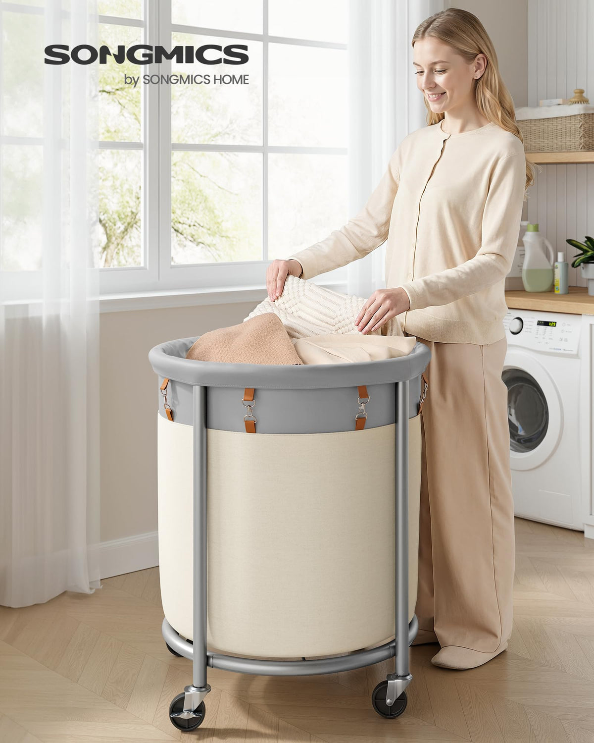 SONGMICS Laundry Basket, Rolling Steel Frame with 2 Locking Wheels, 190 L